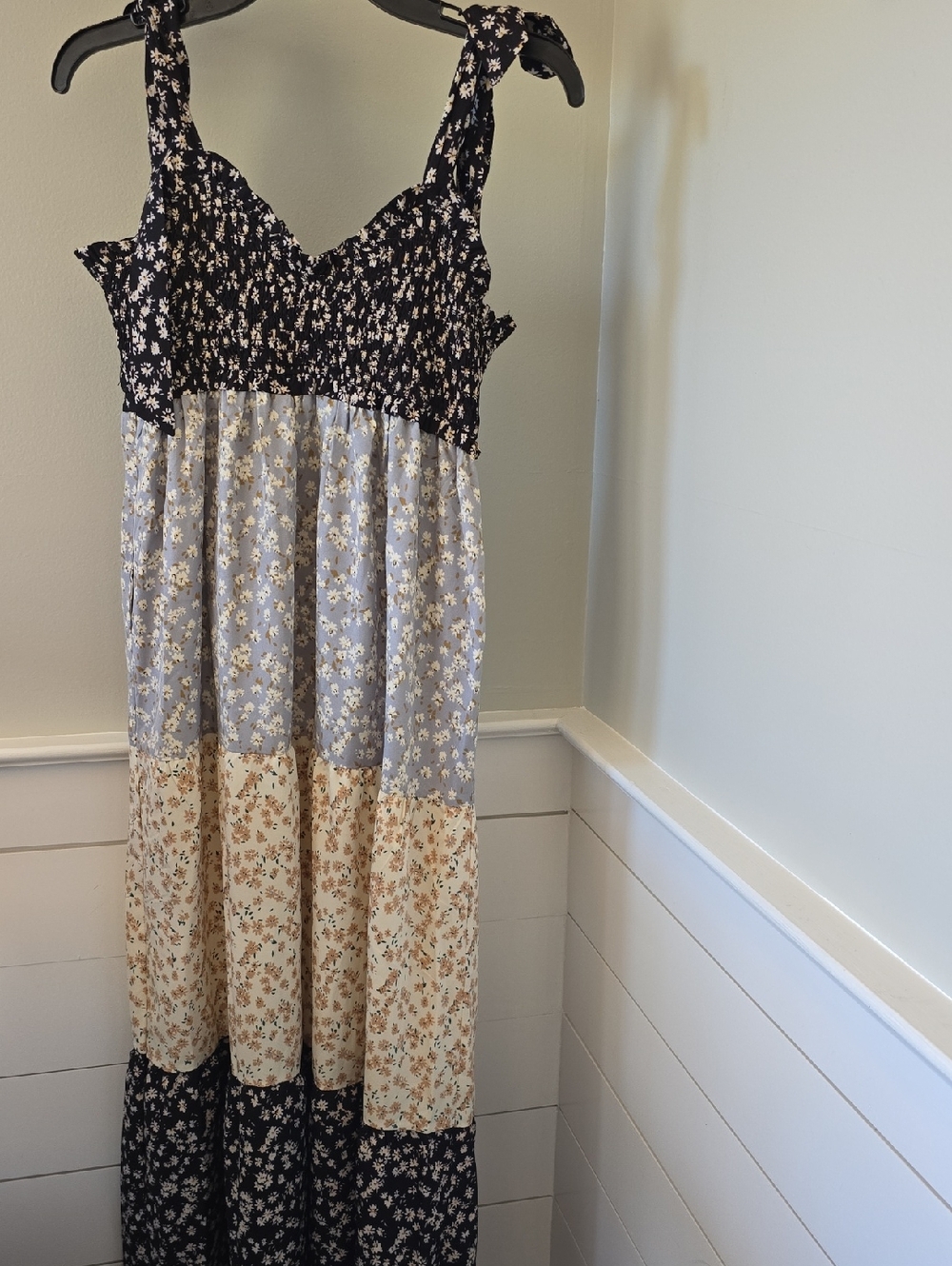 Tiered Floral Maxi Sundress in Black, Light Blue, Cream